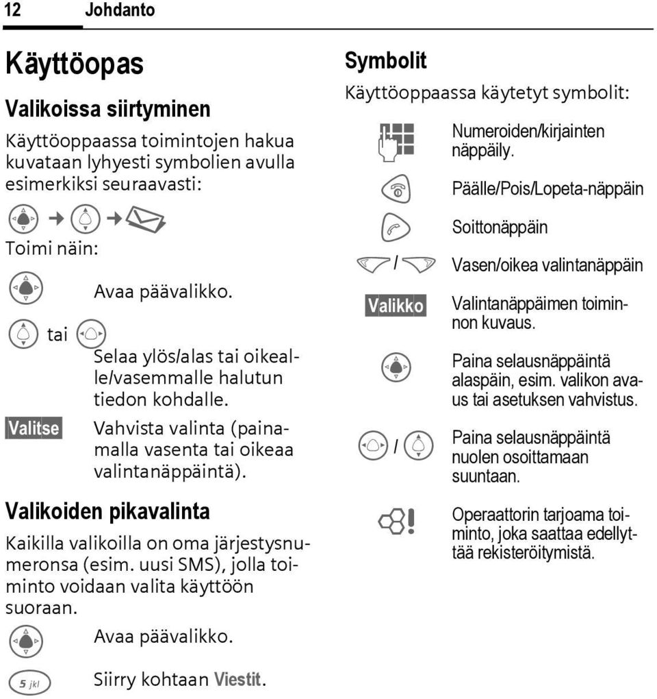 Valikoiden pikavalinta Kaikilla valikoilla on oma järjestysnumeronsa (esim. uusi SMS), jolla toiminto voidaan valita käyttöön suoraan. C Avaa päävalikko. 5 Siirry kohtaan Viestit.