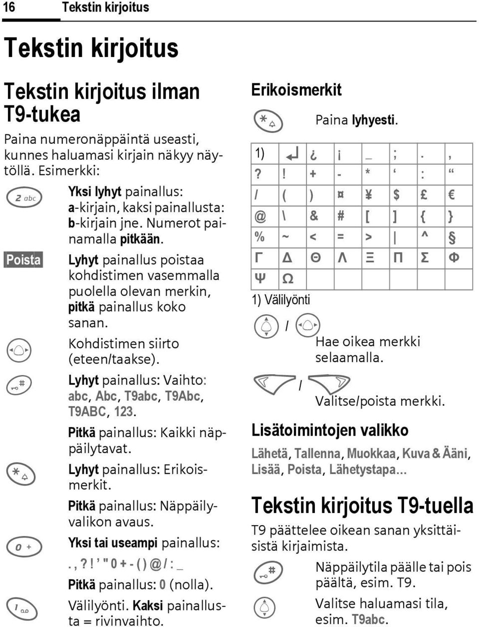 Lyhyt painallus poistaa kohdistimen vasemmalla puolella olevan merkin, pitkä painallus koko sanan. Kohdistimen siirto (eteen/taakse). Lyhyt painallus: Vaihto: abc, Abc, T9abc, T9Abc, T9ABC, 123.