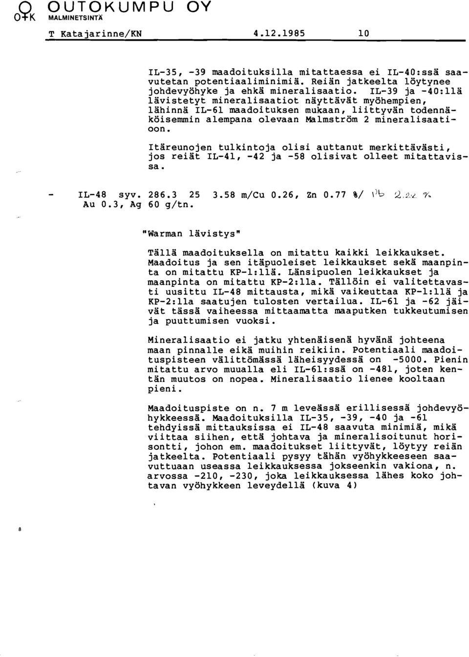 Itäreuno jen tulkintoja olisi auttanut merki ttävasti, jos reiät IL-41, -42 ja -58 olisivat olleet mitattavissa. - IL-48 syv. 286.3 25 3.58 m/cu 0.26, Zn 0.77 %/ \'5 2,:3.2 "bp Au 0.3, Ag 60 g/tn.