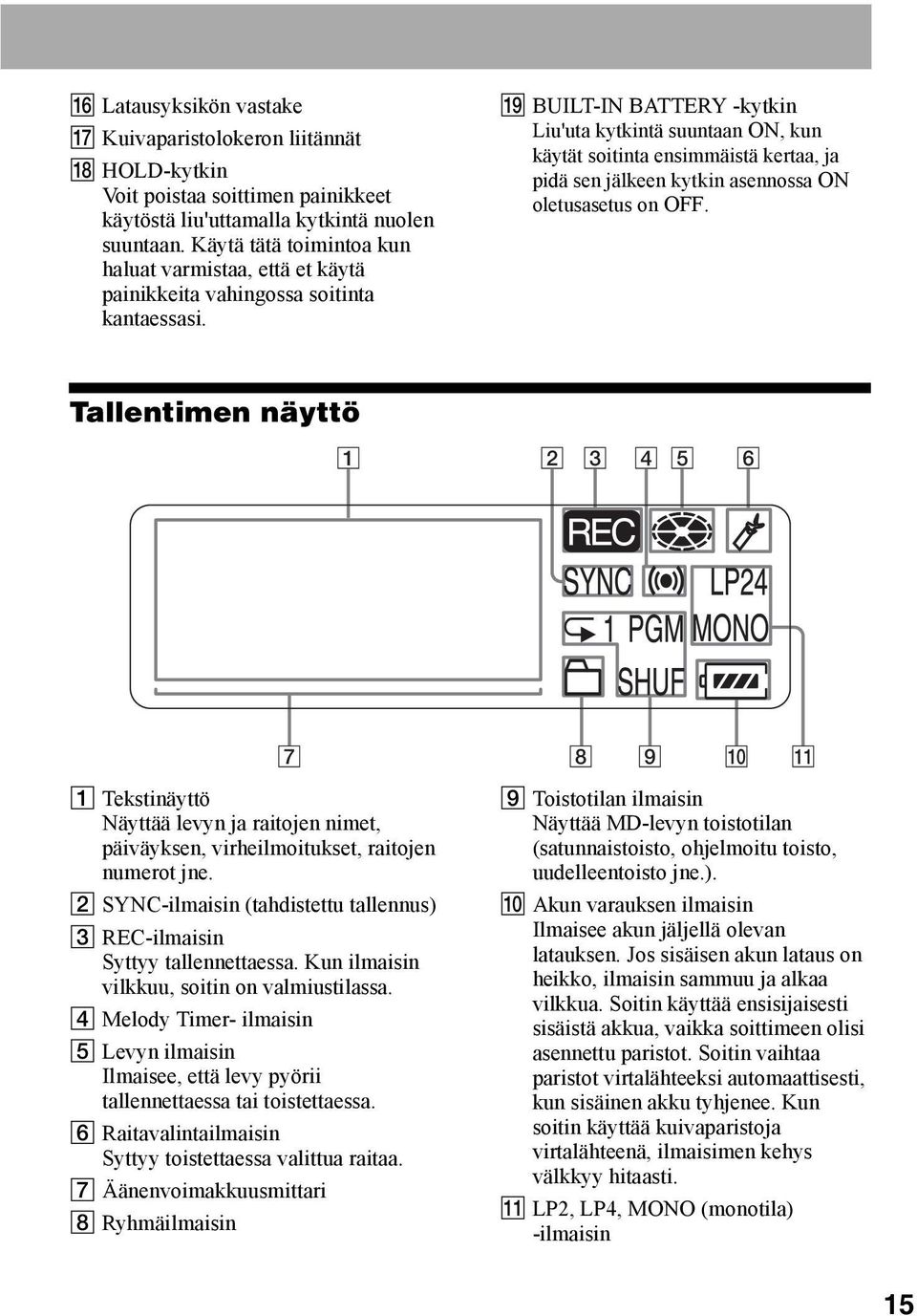 S BUILT-IN BATTERY -kytkin Liu'uta kytkintä suuntaan ON, kun käytät soitinta ensimmäistä kertaa, ja pidä sen jälkeen kytkin asennossa ON oletusasetus on OFF.