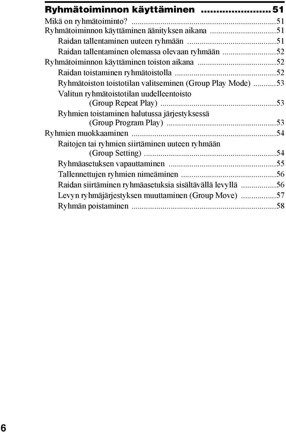 ..53 Valitun ryhmätoistotilan uudelleentoisto (Group Repeat Play)...53 Ryhmien toistaminen halutussa järjestyksessä (Group Program Play)...53 Ryhmien muokkaaminen.