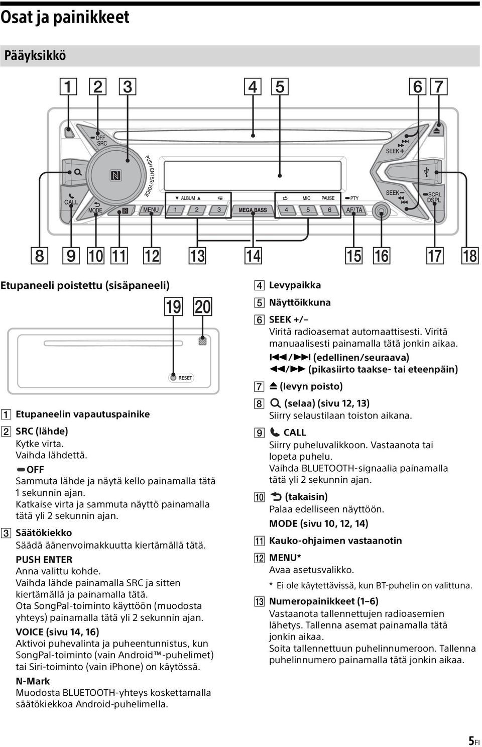 Vaihda lähde painamalla SRC ja sitten kiertämällä ja painamalla tätä. Ota SongPal-toiminto käyttöön (muodosta yhteys) painamalla tätä yli 2 sekunnin ajan.