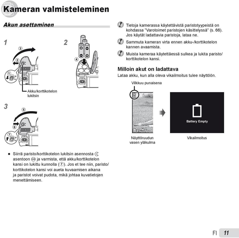 Milloin akut on ladattava Lataa akku, kun alla oleva vikailmoitus tulee näyttöön.