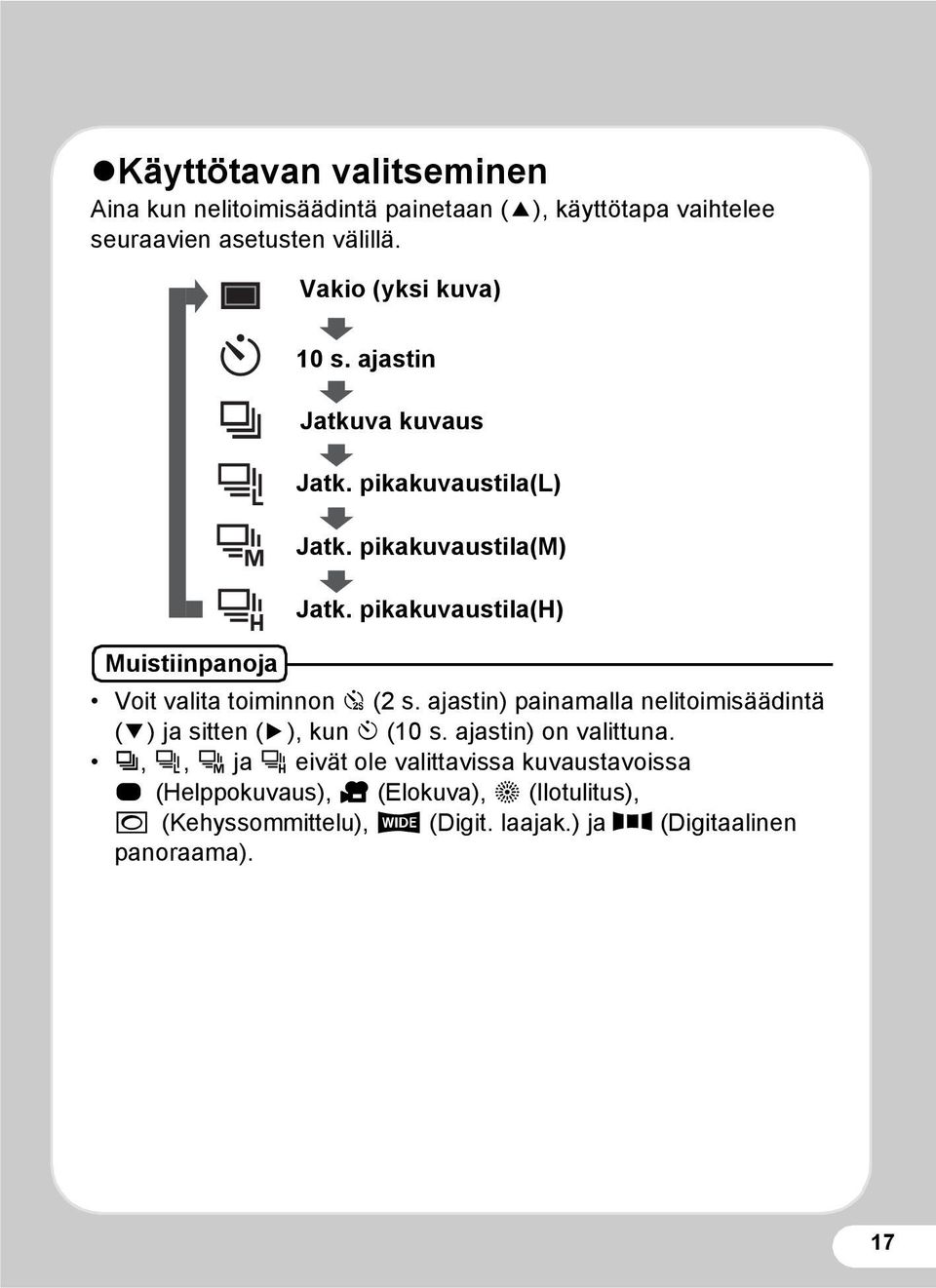 pikakuvaustila(h) Voit valita toiminnon Z (2 s. ajastin) painamalla nelitoimisäädintä (3) ja sitten (5), kun g (10 s.
