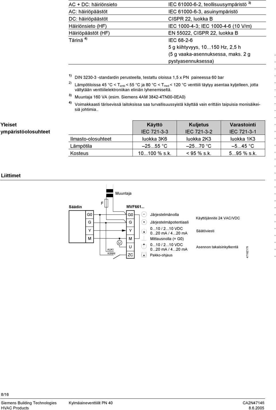 2) 3) 4) DIN 3230-3 -standardin perusteella, testattu oloissa 1,5 x PN paineessa 60 bar Lämpötiloissa 45 C < T amb < 55 C ja 80 C < T med < 120 C venttiili täytyy asentaa kyljelleen, jotta vältytään