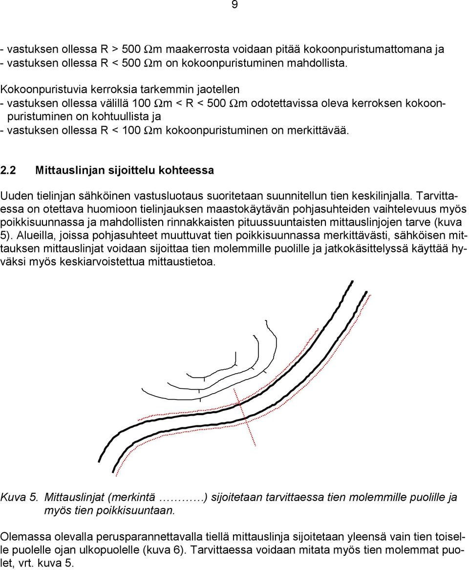 kokoonpuristuminen on merkittävää. 2.2 Mittauslinjan sijoittelu kohteessa Uuden tielinjan sähköinen vastusluotaus suoritetaan suunnitellun tien keskilinjalla.