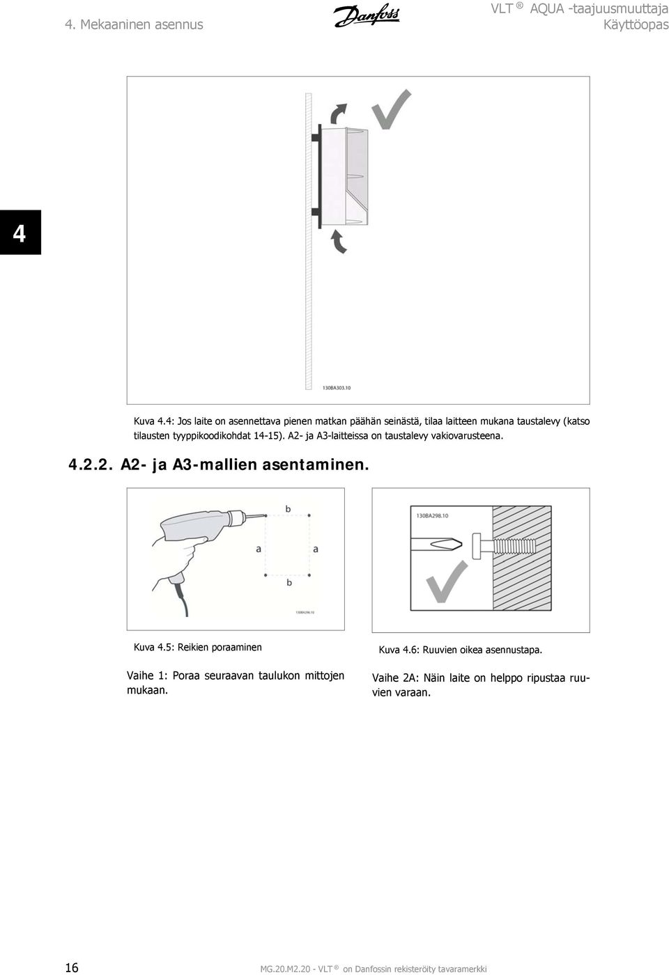 14-15). A2- ja A3-laitteissa on taustalevy vakiovarusteena. 4.2.2. A2- ja A3-mallien asentaminen. Kuva 4.