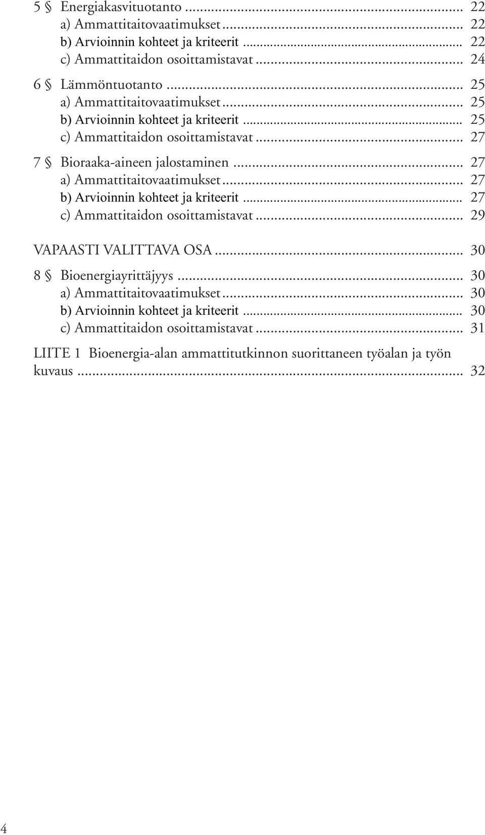 .. 27 a) Ammattitaitovaatimukset... 27 b) Arvioinnin kohteet ja kriteerit... 27 c) Ammattitaidon osoittamistavat... 29 VAPAASTI VALITTAVA OSA... 30 8 Bioenergiayrittäjyys.
