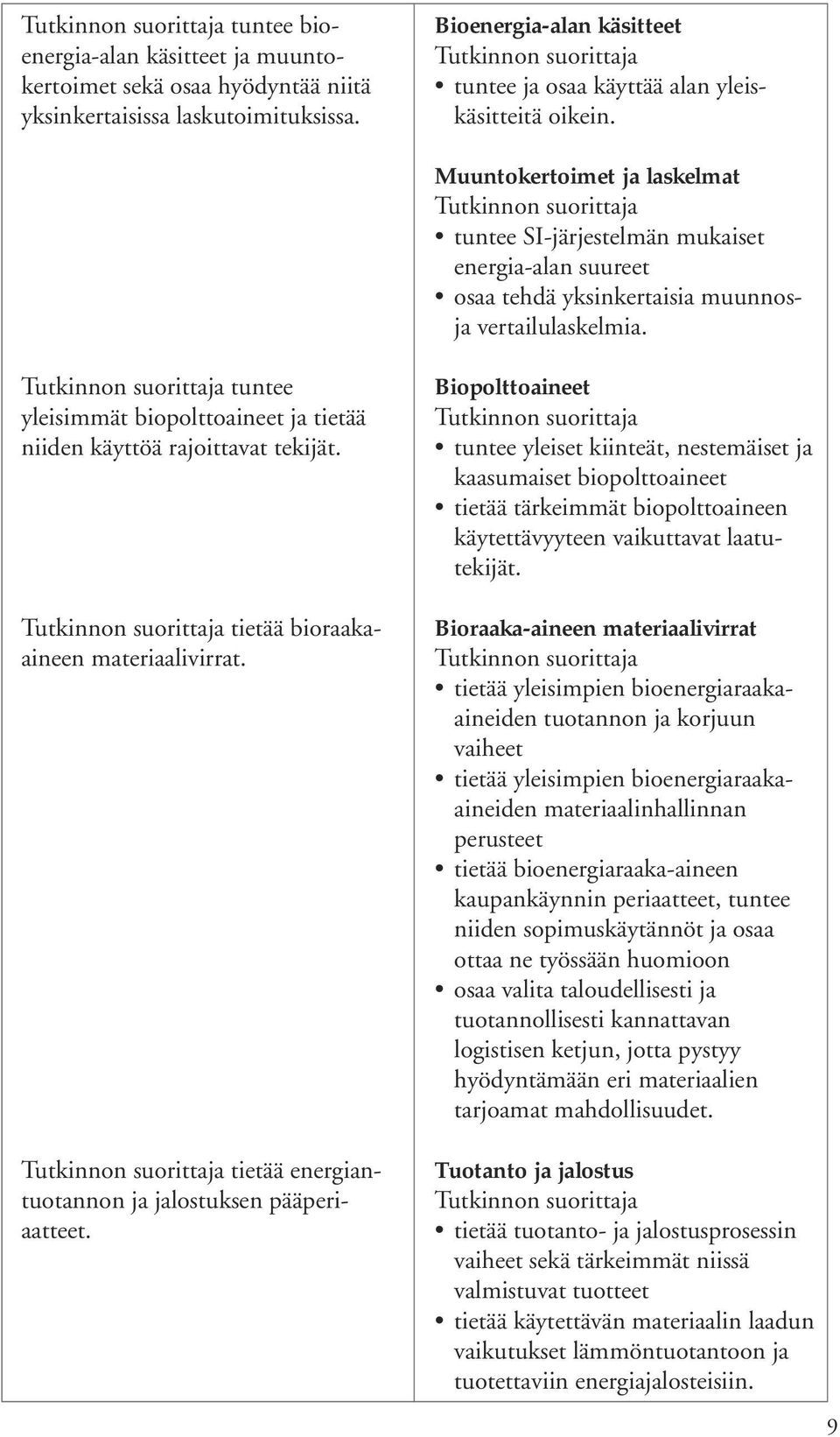 tuntee yleisimmät biopolttoaineet ja tietää niiden käyttöä rajoittavat tekijät. tietää bioraakaaineen materiaalivirrat. tietää energiantuotannon ja jalostuksen pääperiaatteet.