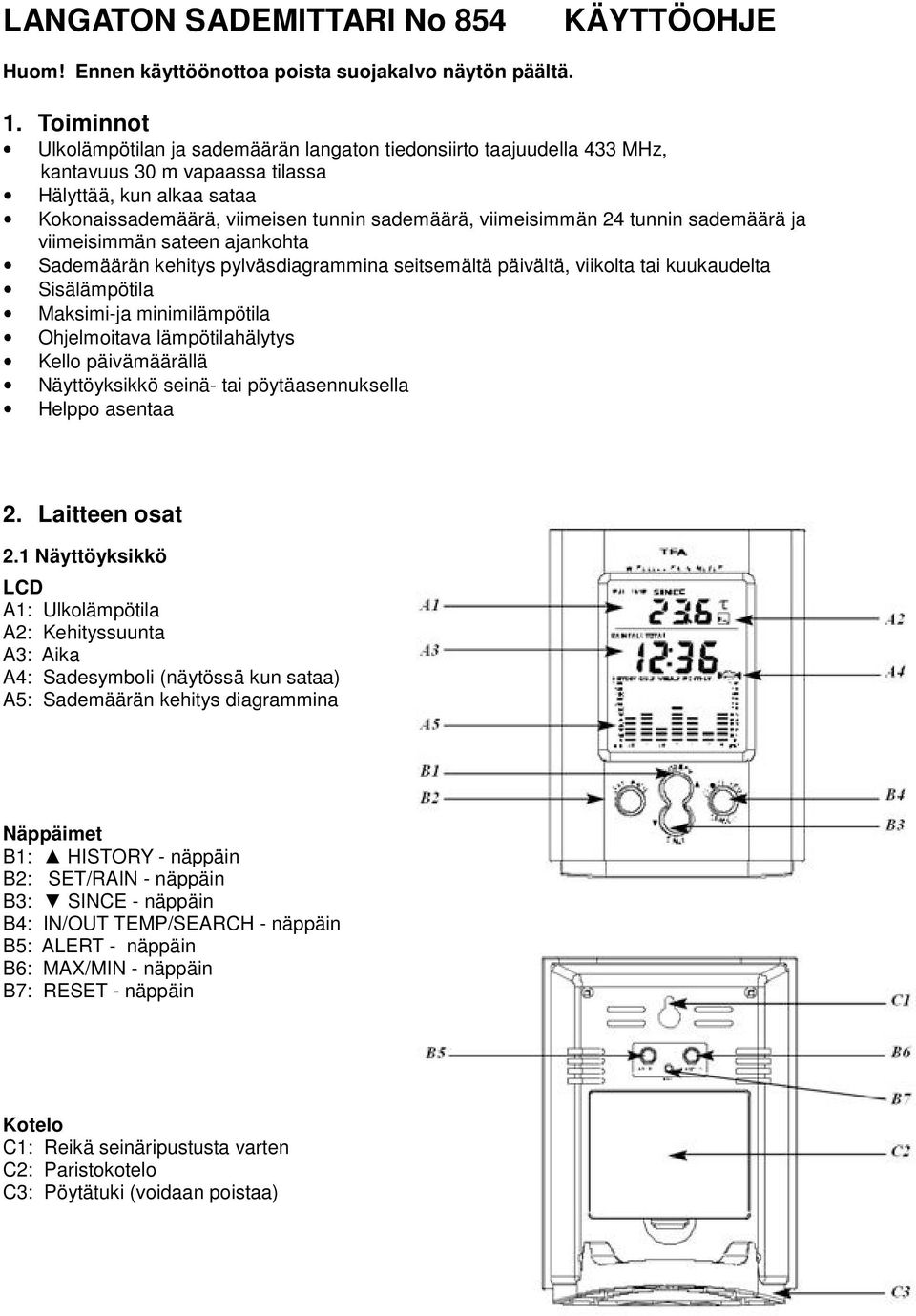 24 tunnin sademäärä ja viimeisimmän sateen ajankohta Sademäärän kehitys pylväsdiagrammina seitsemältä päivältä, viikolta tai kuukaudelta Sisälämpötila Maksimi-ja minimilämpötila Ohjelmoitava