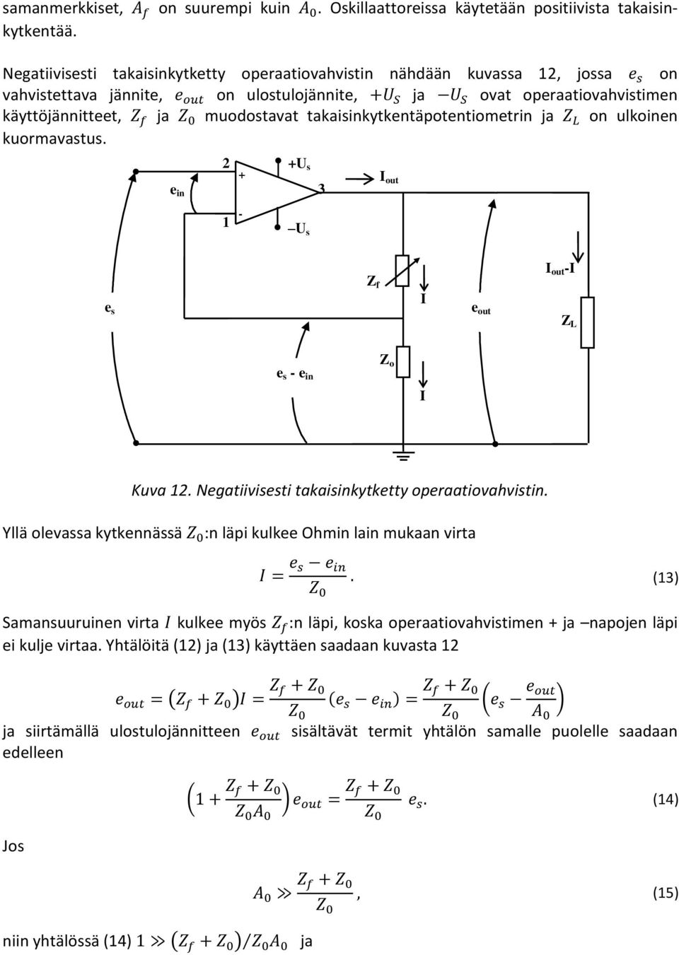 takaisinkytkentäpotentiometrin ja on ulkoinen kuormavastus. e in 2 1 - U s U s 3 I out e s Z f I e out I out -I Z L e s - e in Z o I Kuva 12. Negatiivisesti takaisinkytketty operaatiovahvistin.