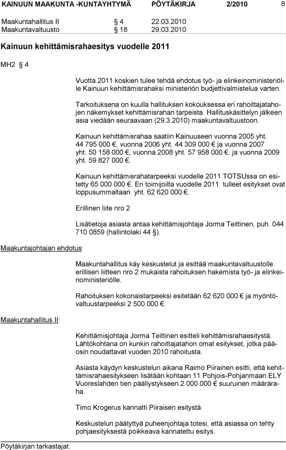 2010 Kainuun kehittämisrahaesitys vuodelle 2011 MH2 4 Maakuntajohtajan ehdotus: Maakuntahallitus II: Vuotta 2011 koskien tulee tehdä ehdotus työ- ja elinkeinoministeriölle Kai nuun kehittä misrahaksi