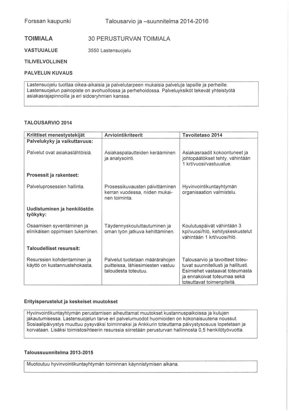 TALOUSARVIO 2014 Kriittiset menestystekijät Arviintikriteerit Tavitetas 2014 Palvelukyky ja vaikuttavuus: Palvelut vat asiakaslähtöisiä.