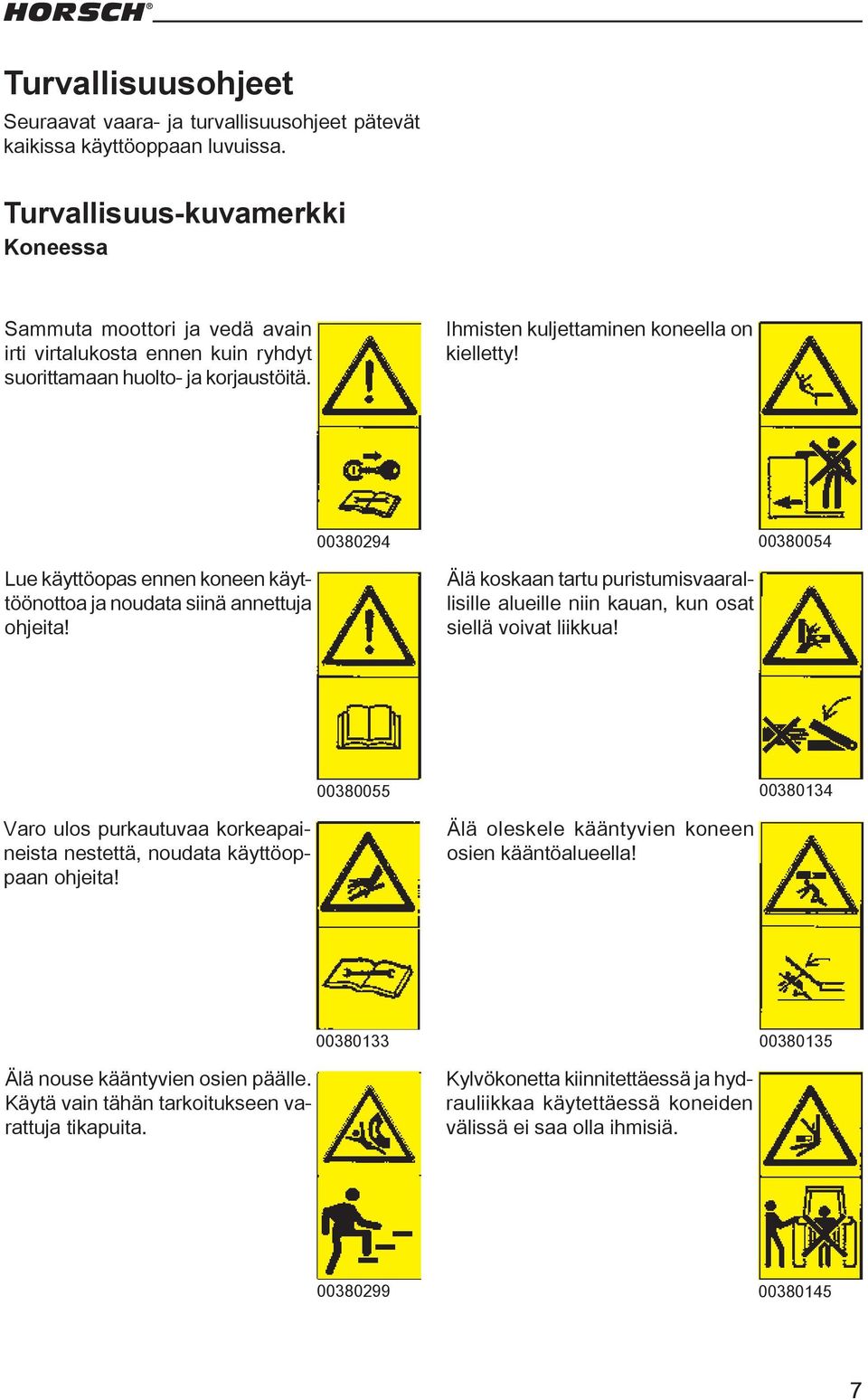 00380294 00380054 Lue käyttöopas ennen koneen käyttöönottoa ja noudata siinä annettuja ohjeita! Älä koskaan tartu puristumisvaarallisille alueille niin kauan, kun osat siellä voivat liikkua!