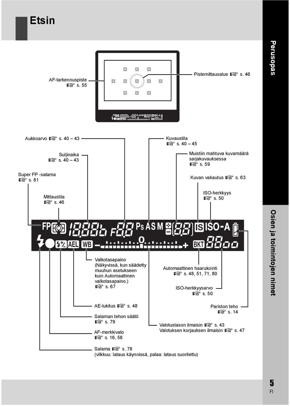 50 Valkotasapaino (Näkyvissä, kun säädetty muuhun asetukseen kuin Automaattinen valkotasapaino.) g s. 67 AE-lukitus g s. 48 Salaman tehon säätö g s. 79 AF-merkkivalo g s.