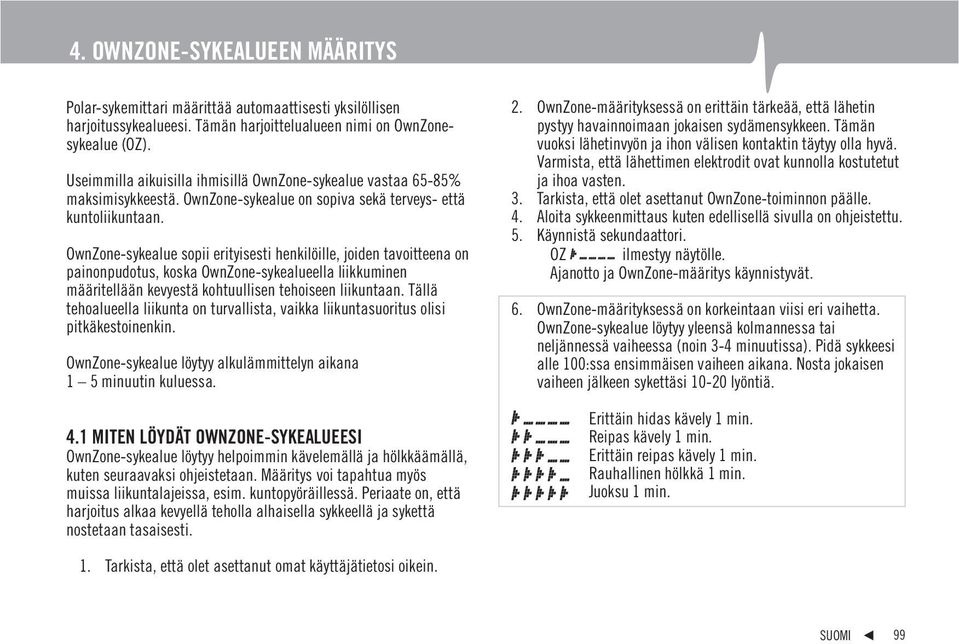 OwnZone-sykealue sopii erityisesti henkilöille, joiden tavoitteena on painonpudotus, koska OwnZone-sykealueella liikkuminen määritellään kevyestä kohtuullisen tehoiseen liikuntaan.