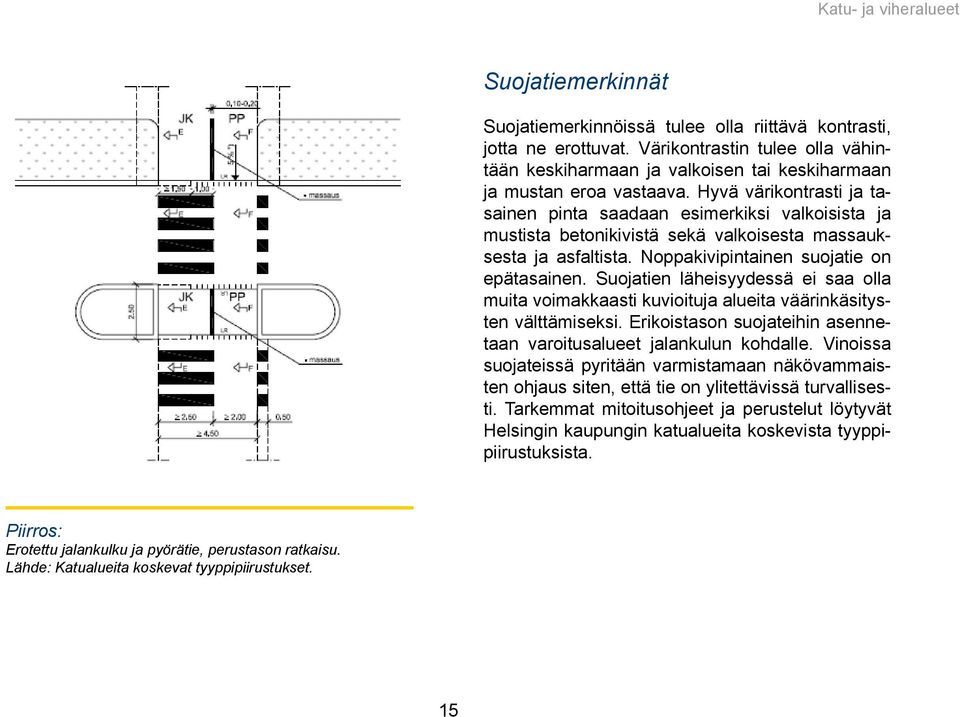 Hyvä värikontrasti ja tasainen pinta saadaan esimerkiksi valkoisista ja mustista betonikivistä sekä valkoisesta massauksesta ja asfaltista. Noppakivipintainen suojatie on epätasainen.