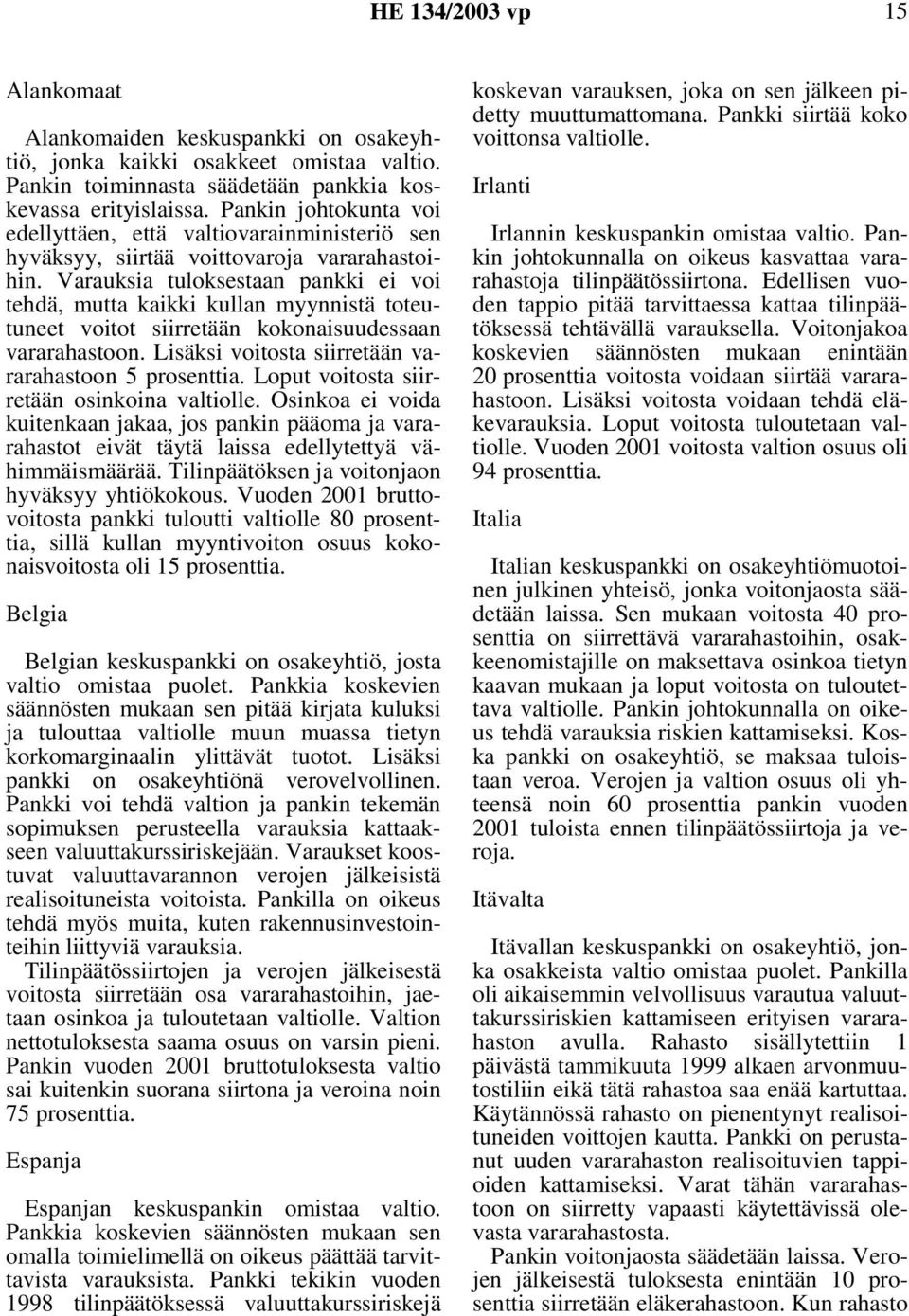 Varauksia tuloksestaan pankki ei voi tehdä, mutta kaikki kullan myynnistä toteutuneet voitot siirretään kokonaisuudessaan vararahastoon. Lisäksi voitosta siirretään vararahastoon 5 prosenttia.