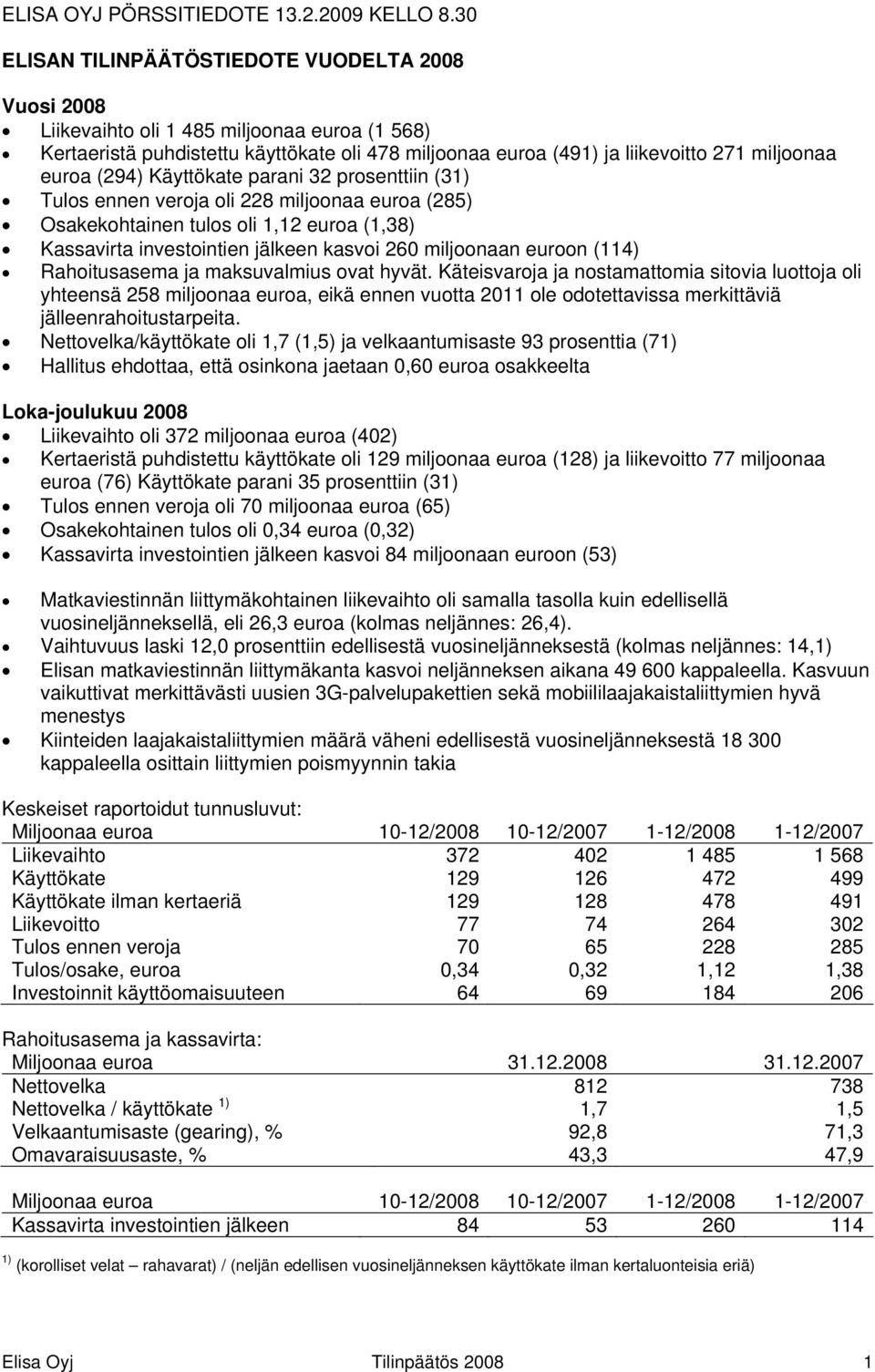 (294) Käyttökate parani 32 prosenttiin (31) Tulos ennen veroja oli 228 miljoonaa euroa (285) Osakekohtainen tulos oli 1,12 euroa (1,38) Kassavirta investointien jälkeen kasvoi 260 miljoonaan euroon