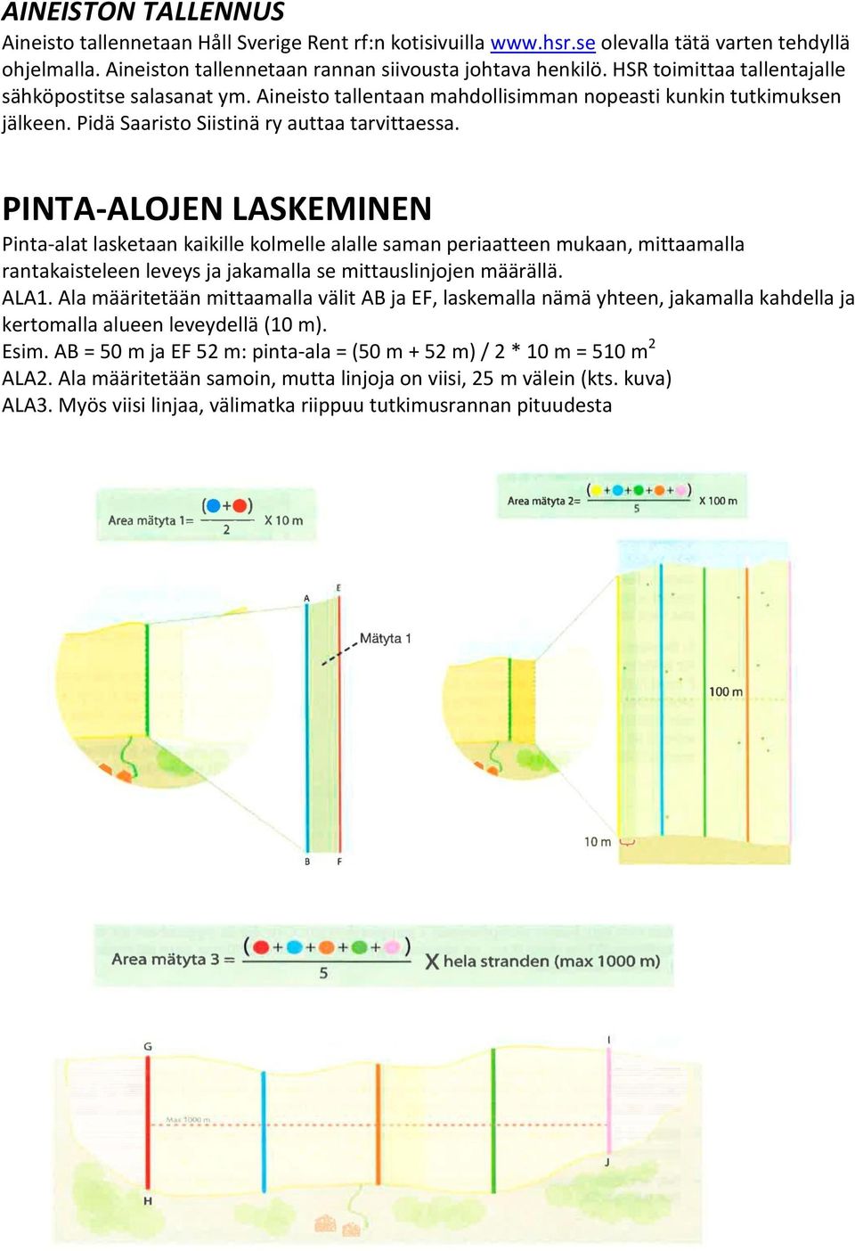 PINTA-ALOJEN LASKEMINEN Pinta-alat lasketaan kaikille kolmelle alalle saman periaatteen mukaan, mittaamalla rantakaisteleen leveys ja jakamalla se mittauslinjojen määrällä. ALA1.