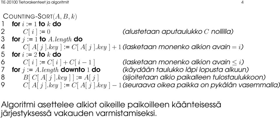key ] + 1 (lasketaan monenko alkion avain = i) 5 for i := 2 to k do 6 C[ i ] := C[ i ] + C[ i 1 ] (lasketaan monenko alkion avain i) 7 for j := A.