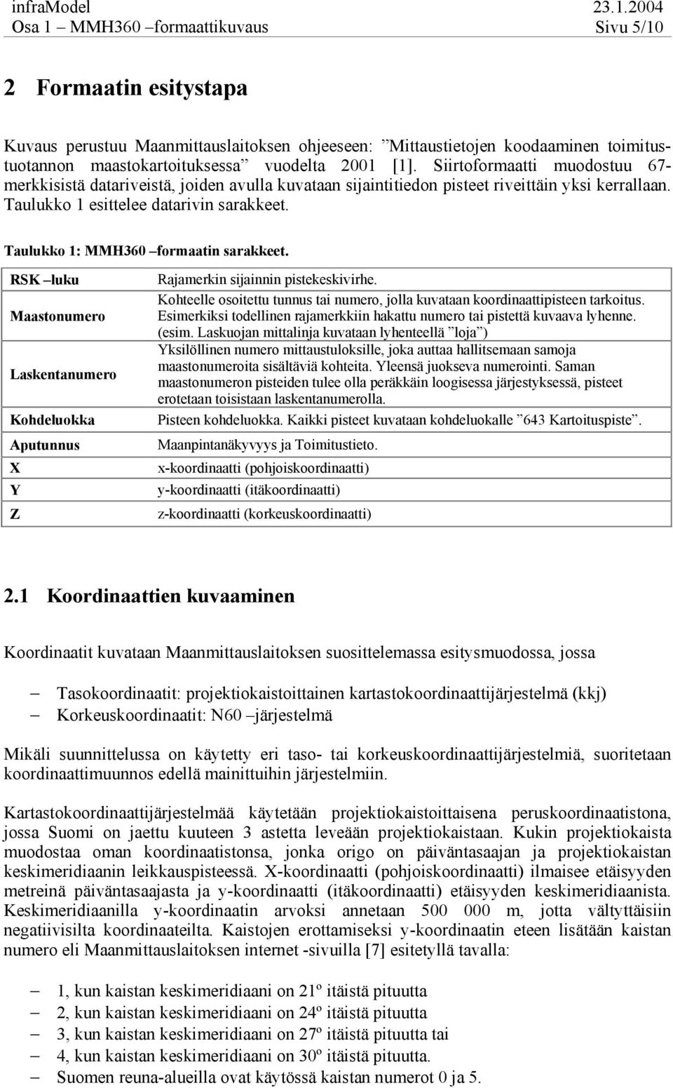 Taulukko 1: MMH360 formaatin sarakkeet. RSK luku Maastonumero Laskentanumero Kohdeluokka Aputunnus X Y Z Rajamerkin sijainnin pistekeskivirhe.