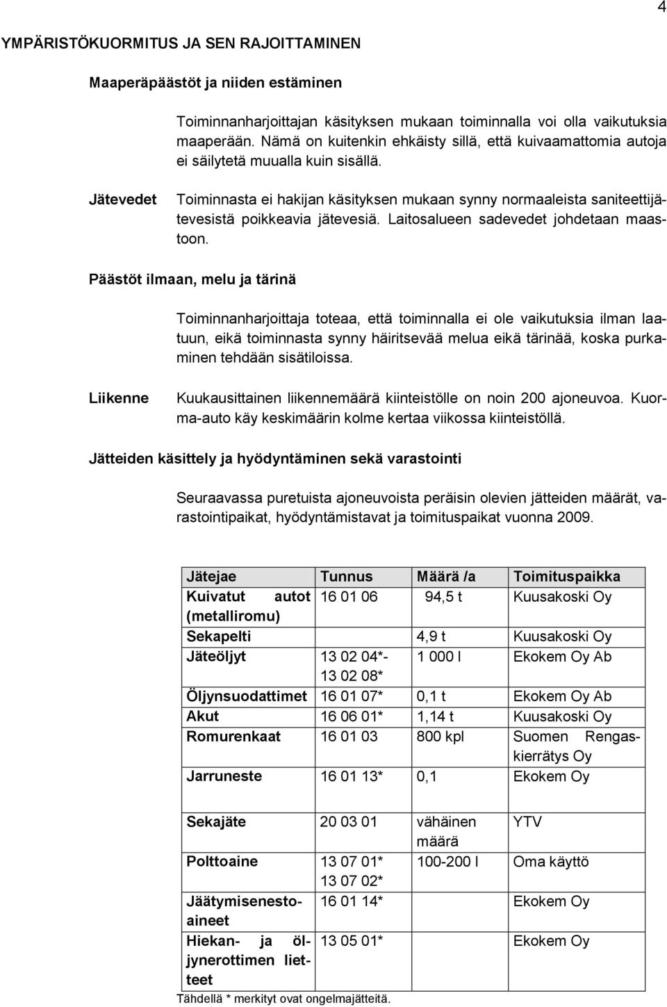 Jätevedet Toiminnasta ei hakijan käsityksen mukaan synny normaaleista saniteettijätevesistä poikkeavia jätevesiä. Laitosalueen sadevedet johdetaan maastoon.