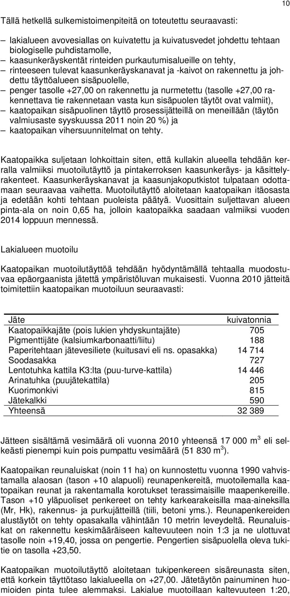 rakennettava tie rakennetaan vasta kun sisäpuolen täytöt ovat valmiit), kaatopaikan sisäpuolinen täyttö prosessijätteillä on meneillään (täytön valmiusaste syyskuussa 2011 noin 20 %) ja kaatopaikan