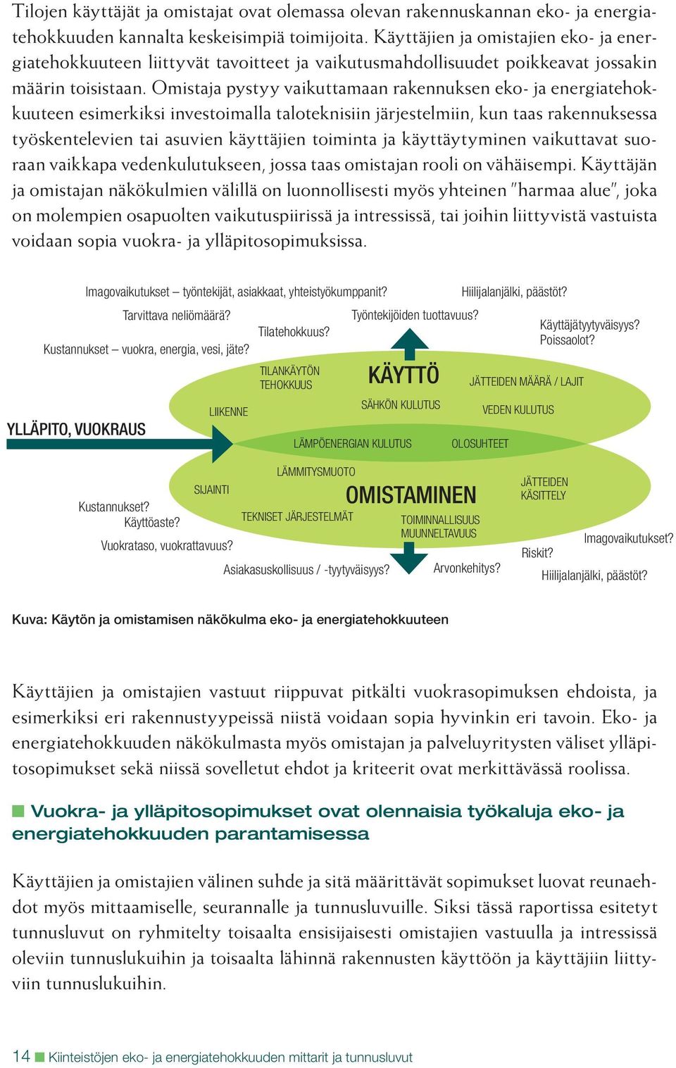 Omistaja pystyy vaikuttamaan rakennuksen eko- ja energiatehokkuuteen esimerkiksi investoimalla taloteknisiin järjestelmiin, kun taas rakennuksessa työskentelevien tai asuvien käyttäjien toiminta ja