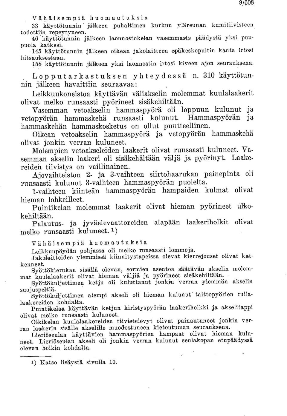 158 käyttötunnin jälkeen yksi laonnostin irtosi kiveen ajon seurauksena. Lopputarkastuksen yhteydessä n.