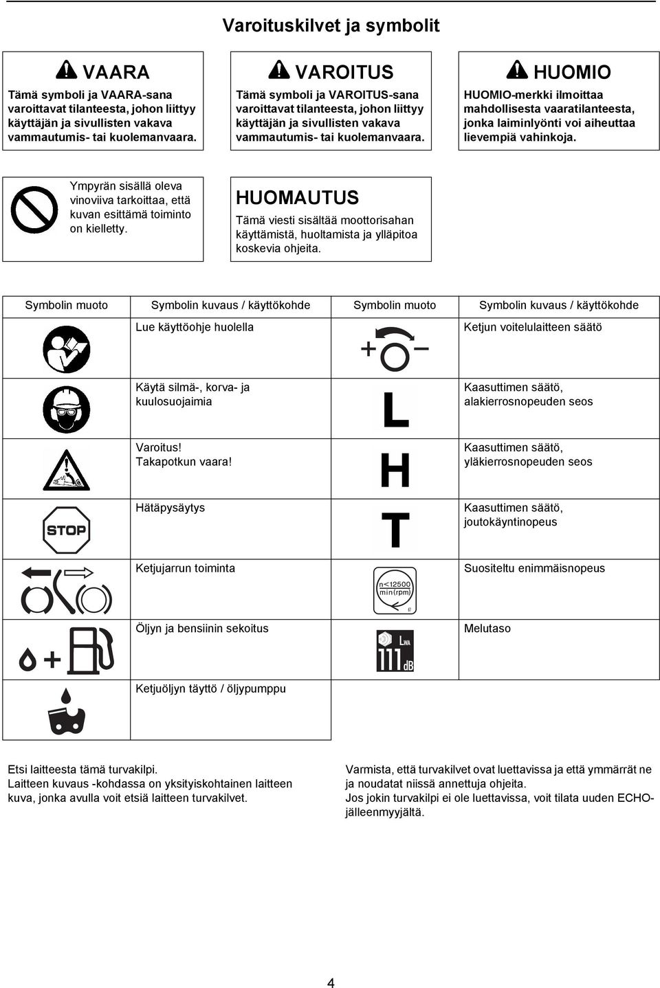 HUOMIO-merkki ilmoittaa mahdollisesta vaaratilanteesta, jonka laiminlyönti voi aiheuttaa lievempiä vahinkoja. Ympyrän sisällä oleva vinoviiva tarkoittaa, että kuvan esittämä toiminto on kielletty.