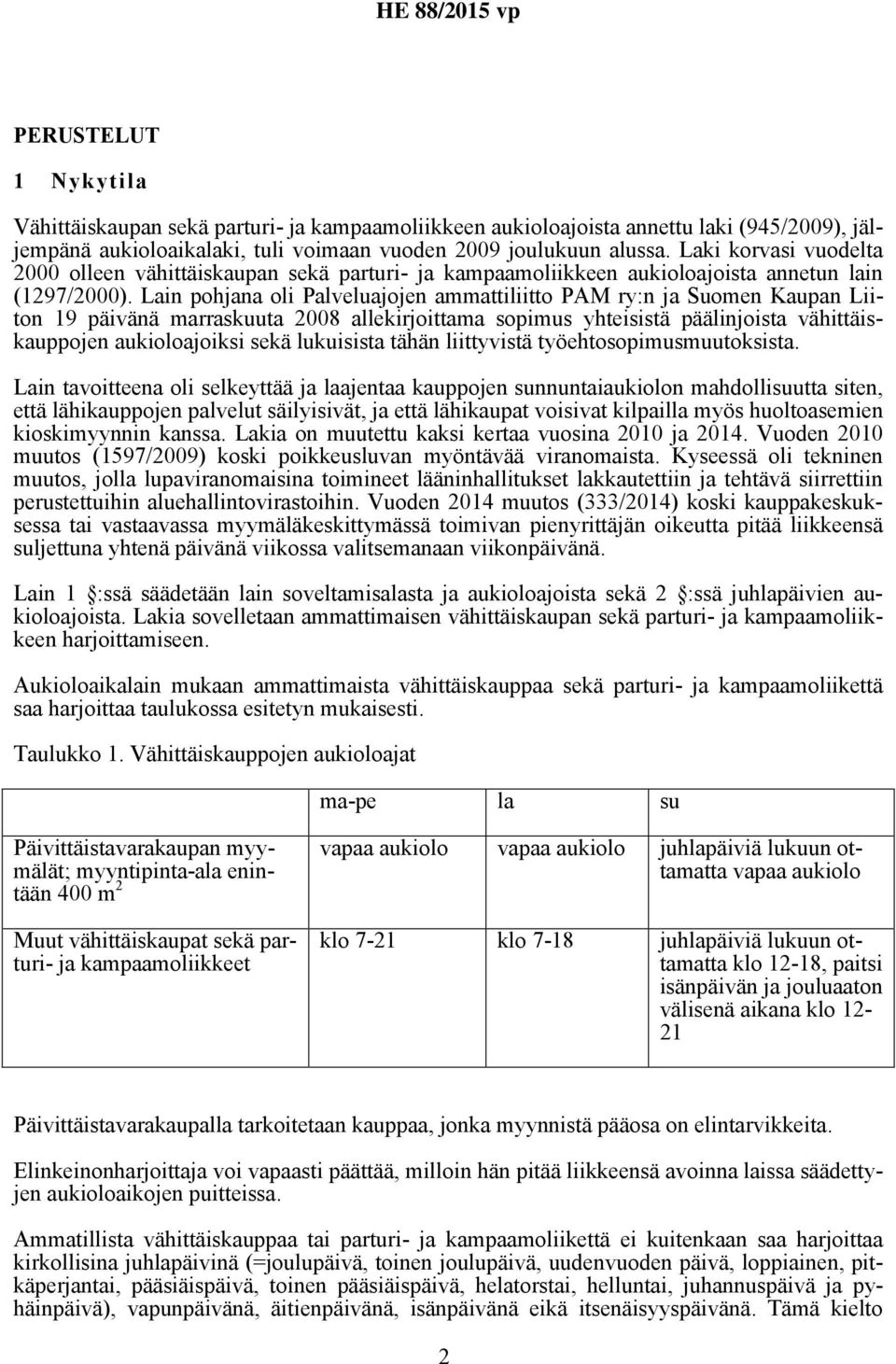 Lain pohjana oli Palveluajojen ammattiliitto PAM ry:n ja Suomen Kaupan Liiton 19 päivänä marraskuuta 2008 allekirjoittama sopimus yhteisistä päälinjoista vähittäiskauppojen aukioloajoiksi sekä