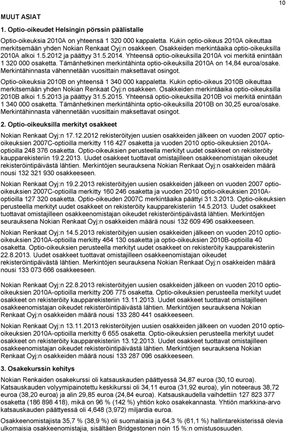 Yhteensä optio-oikeuksilla 2010A voi merkitä enintään 1 320 000 osaketta. Tämänhetkinen merkintähinta optio-oikeuksilla 2010A on 14,84 euroa/osake.