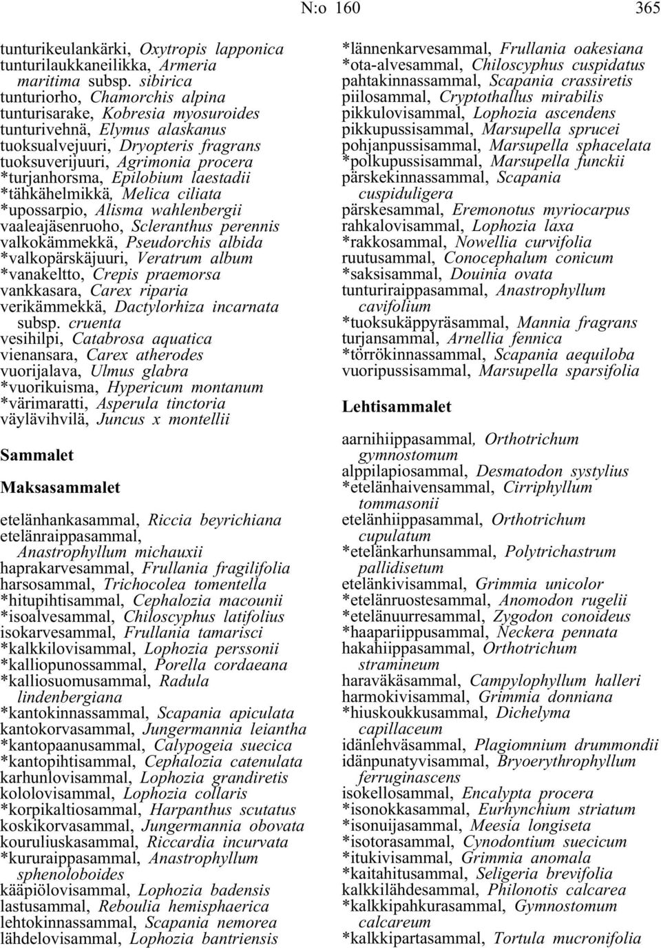 Epilobium laestadii *tähkähelmikkä, Melica ciliata *upossarpio, Alisma wahlenbergii vaaleajäsenruoho, Scleranthus perennis valkokämmekkä, Pseudorchis albida *valkopärskäjuuri, Veratrum album