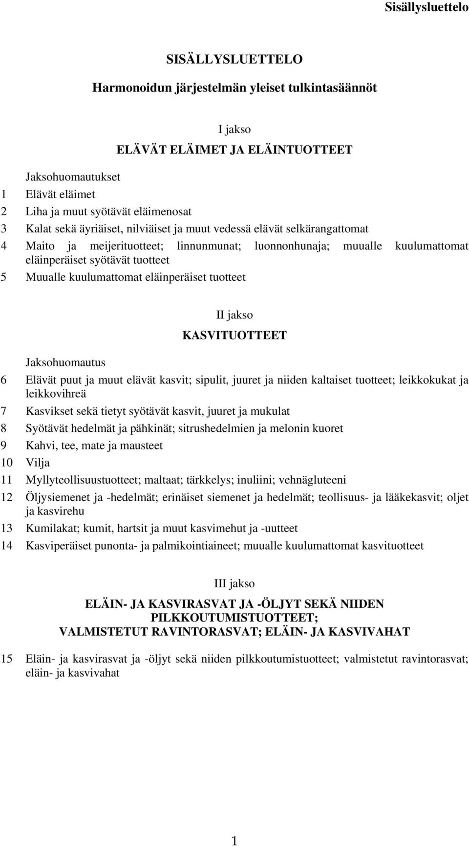 jakso KASVITUOTTEET Jaksohuomautus 6 Elävät puut ja muut elävät kasvit; sipulit, juuret ja niiden kaltaiset tuotteet; leikkokukat ja leikkovihreä 7 Kasvikset sekä tietyt syötävät kasvit, juuret ja