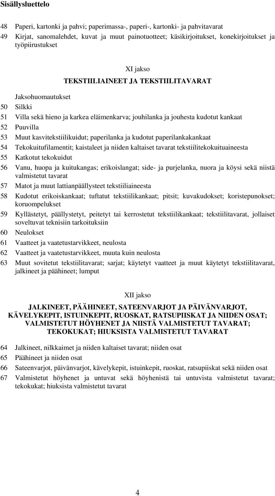 paperilankakankaat 54 Tekokuitufilamentit; kaistaleet ja niiden kaltaiset tavarat tekstiilitekokuituaineesta 55 Katkotut tekokuidut 56 Vanu, huopa ja kuitukangas; erikoislangat; side- ja purjelanka,