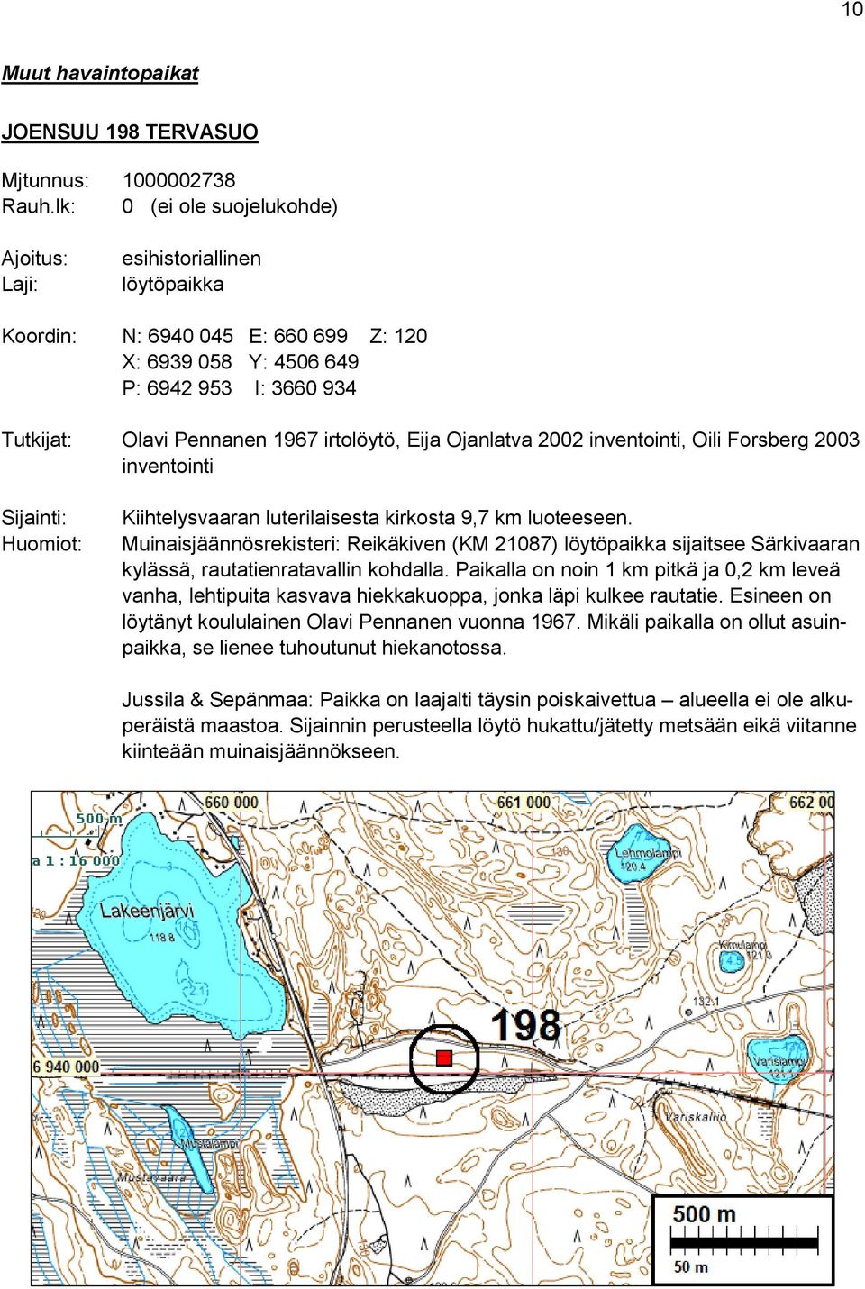 irtolöytö, Eija Ojanlatva 2002 inventointi, Oili Forsberg 2003 inventointi Sijainti: Huomiot: Kiihtelysvaaran luterilaisesta kirkosta 9,7 km luoteeseen.