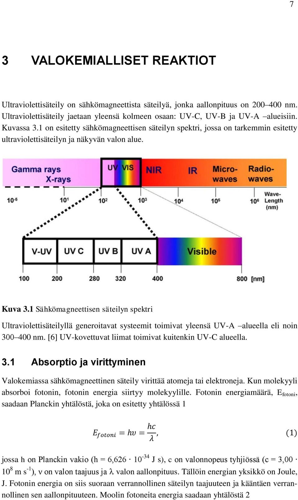 1 Sähkömagneettisen säteilyn spektri Ultraviolettisäteilyllä generoitavat systeemit toimivat yleensä UV-A alueella eli noin 30