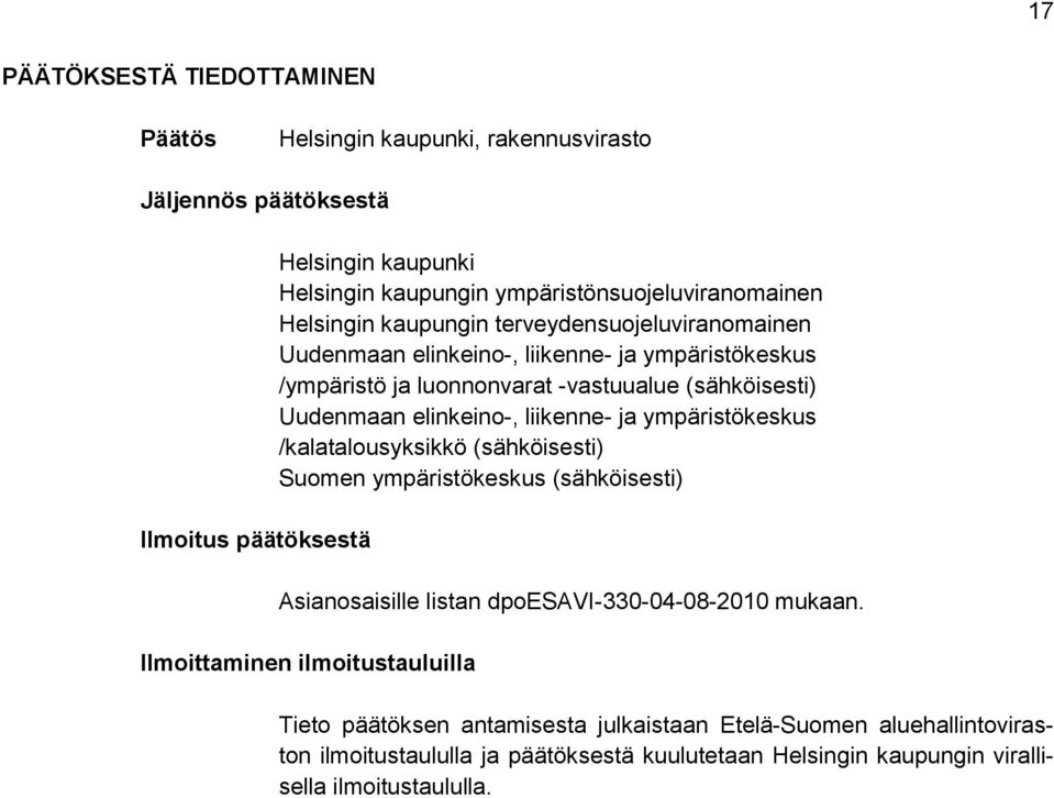 (sähköisesti) Uudenmaan elinkeino-, liikenne- ja ympäristökeskus /kalatalousyksikkö (sähköisesti) Suomen ympäristökeskus (sähköisesti) Asianosaisille listan