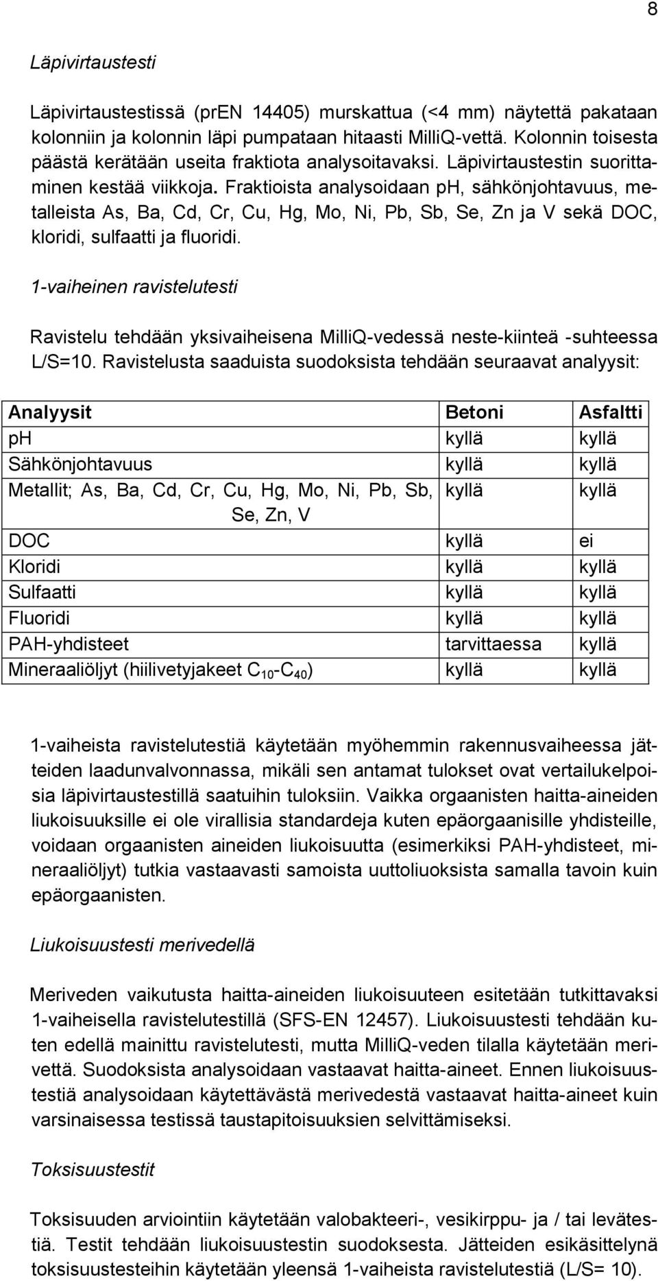 Fraktioista analysoidaan ph, sähkönjohtavuus, metalleista As, Ba, Cd, Cr, Cu, Hg, Mo, Ni, Pb, Sb, Se, Zn ja V sekä DOC, kloridi, sulfaatti ja fluoridi.