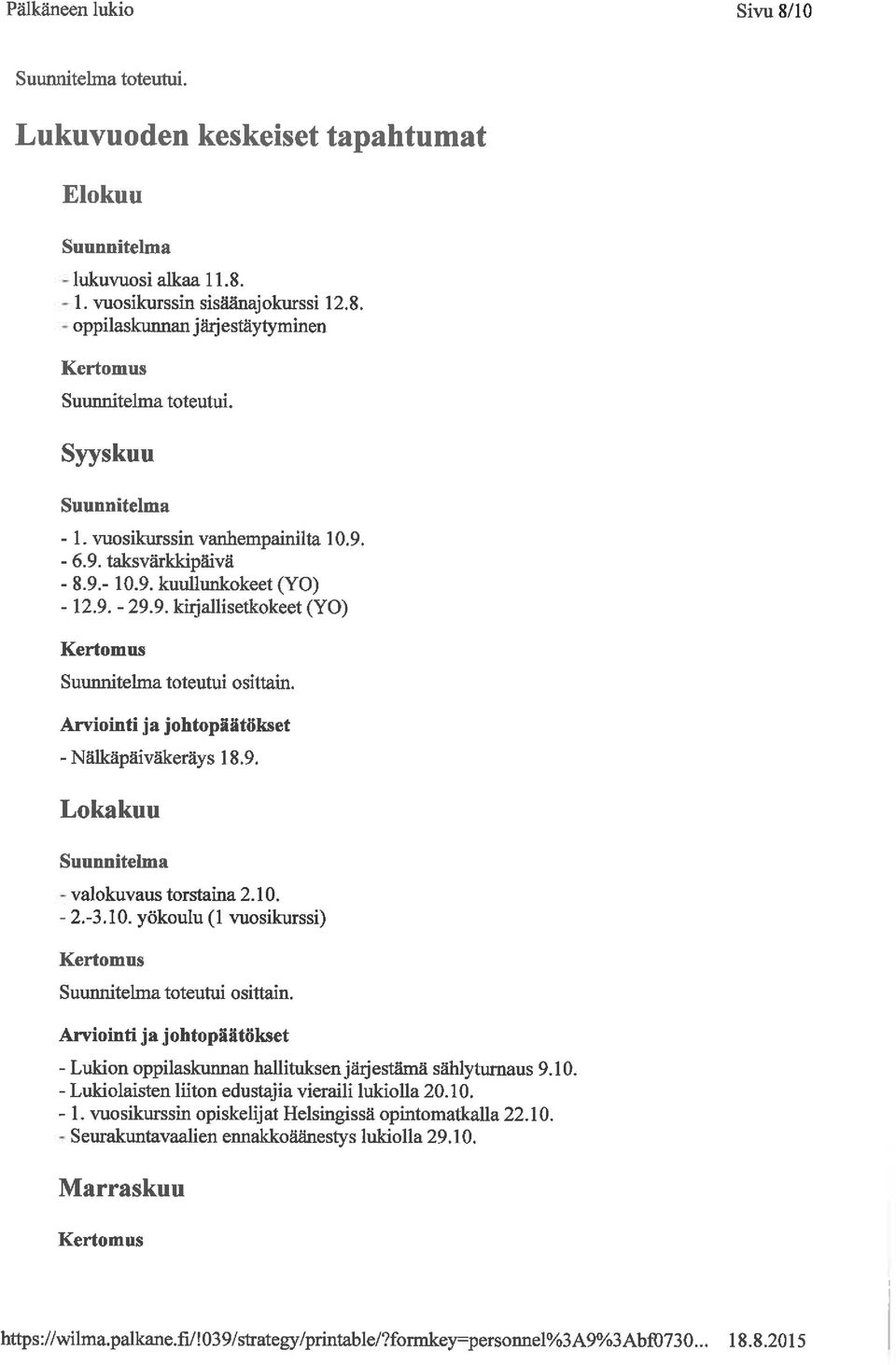 10. - 2. -3. 10. yökoulu (l vuosikurssi) Suunnitehna toteutui osittain. - Lukion oppilaskunnan hallituksen järjestämä sählytumaus 9. 10. - Lukiolaisten liiton edustajia vieraili lukiolla 20. 10. - l.