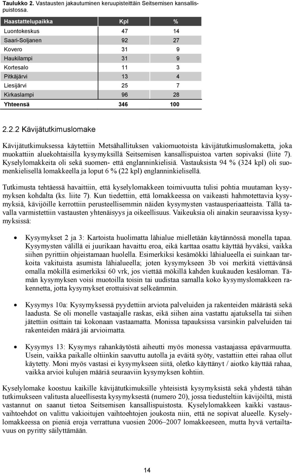 27 Kovero 31 9 Haukilampi 31 9 Kortesalo 11 3 Pitkäjärvi 13 4 Liesijärvi 25 7 Kirkaslampi 96 28 Yhteensä 346 100 2.2.2 Kävijätutkimuslomake Kävijätutkimuksessa käytettiin Metsähallituksen