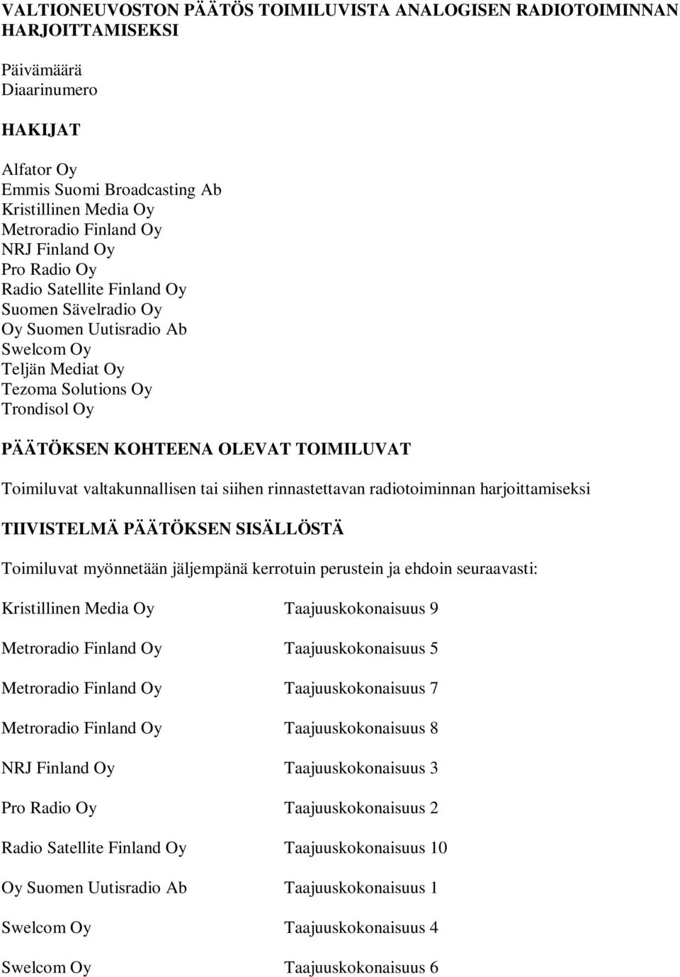 Toimiluvat valtakunnallisen tai siihen rinnastettavan radiotoiminnan harjoittamiseksi TIIVISTELMÄ PÄÄTÖKSEN SISÄLLÖSTÄ Toimiluvat myönnetään jäljempänä kerrotuin perustein ja ehdoin seuraavasti: