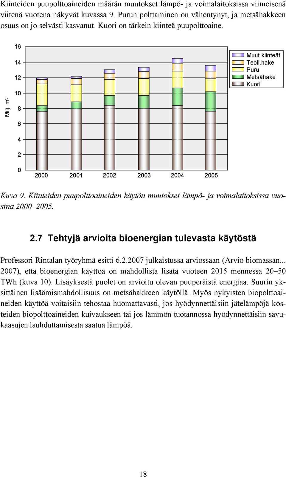 Kiinteiden puupolttoaineiden käytön muutokset lämpö- ja voimalaitoksissa vuosina 2000 2005. 2.7 Tehtyjä arvioita bioenergian tulevasta käytöstä Professori Rintalan työryhmä esitti 6.2.2007 julkaistussa arviossaan (Arvio biomassan.