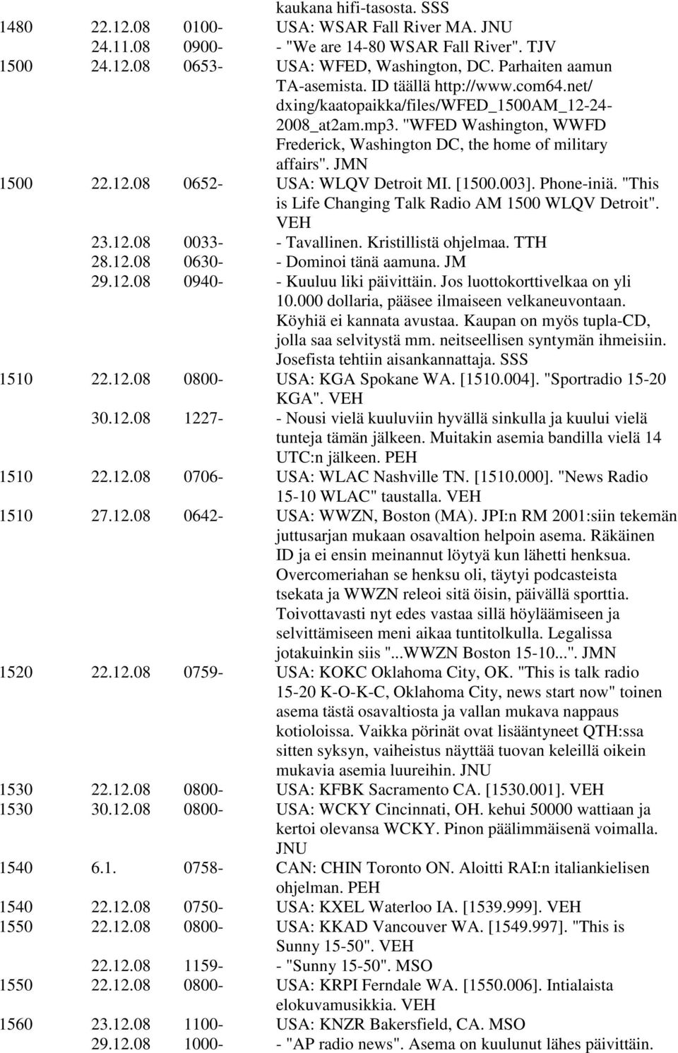 ''WFED Washington, WWFD Frederick, Washington DC, the home of military affairs''. JMN 1500 22.12.08 0652- USA: WLQV Detroit MI. [1500.003]. Phone-iniä.