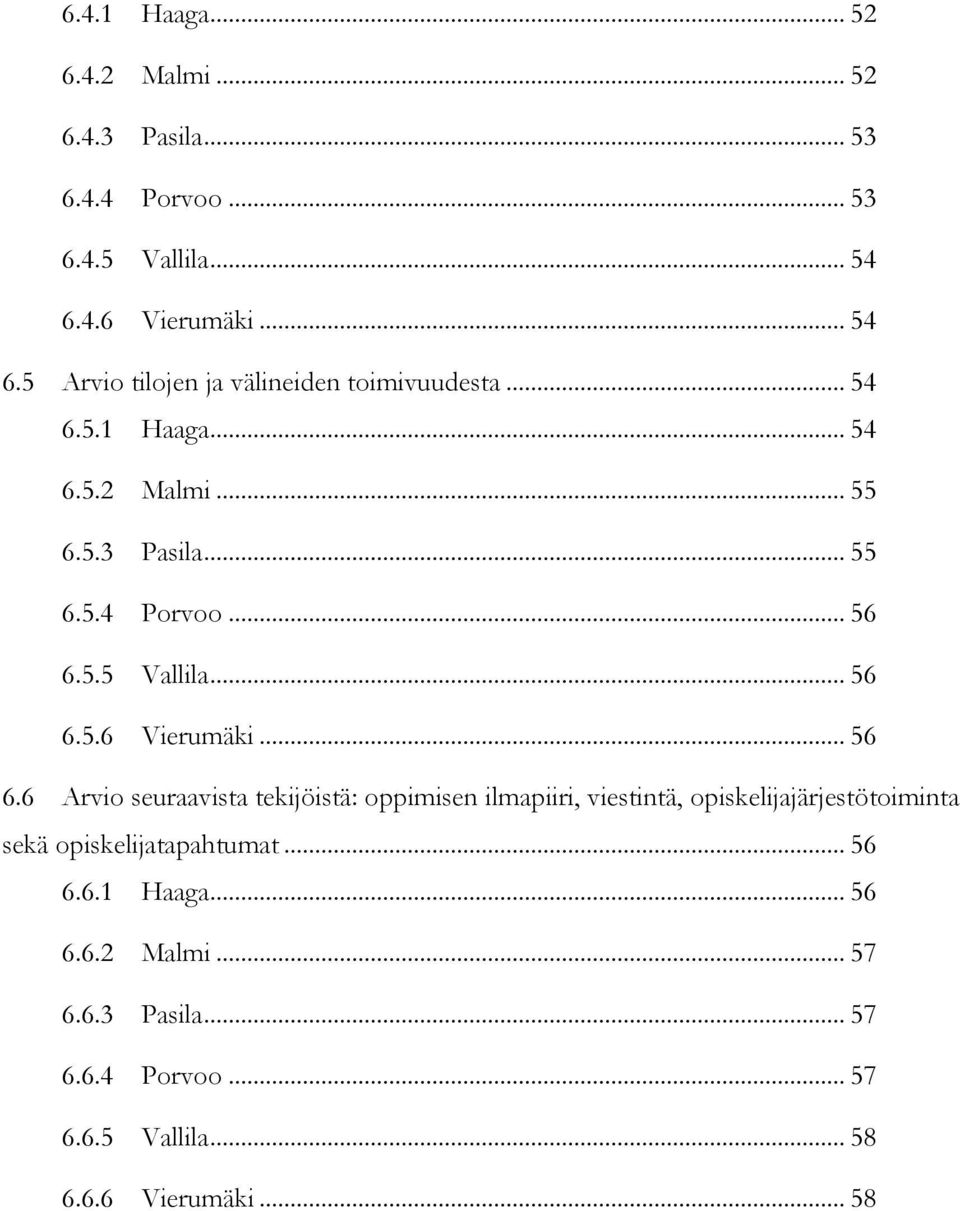 .. 56 6.5.5 Vallila... 56 6.5.6 Vierumäki... 56 6.6 Arvio seuraavista tekijöistä: oppimisen ilmapiiri, viestintä, opiskelijajärjestötoiminta sekä opiskelijatapahtumat.