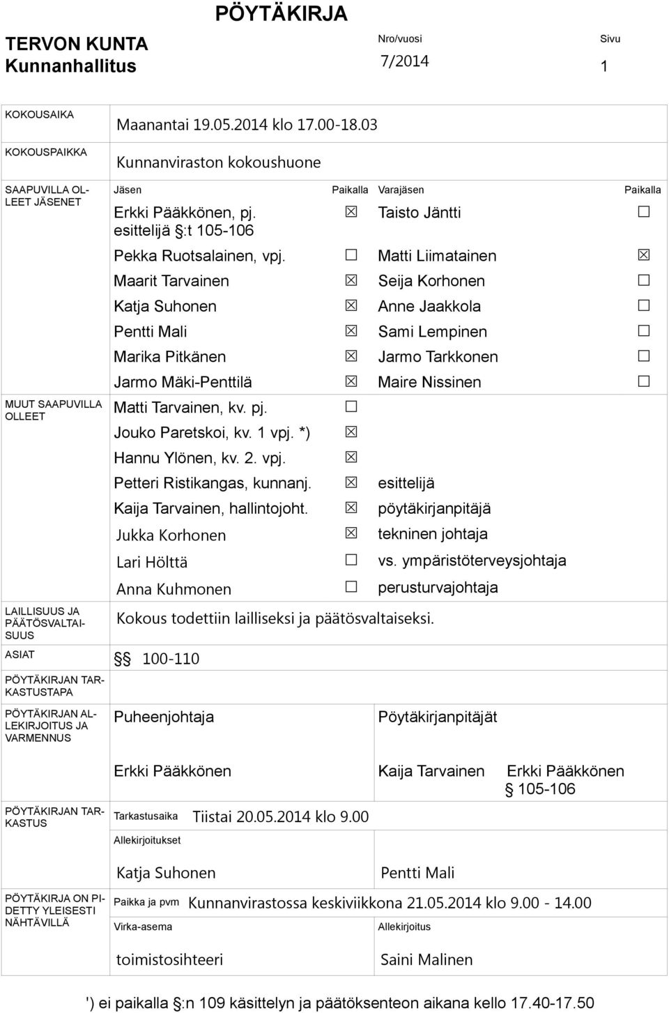 Paikalla Varajäsen Paikalla Erkki Pääkkönen, pj. esittelijä :t 105-106 Pekka Ruotsalainen, vpj. Maarit Tarvainen Katja Suhonen Pentti Mali Marika Pitkänen Jarmo Mäki-Penttilä Matti Tarvainen, kv. pj. Jouko Paretskoi, kv.