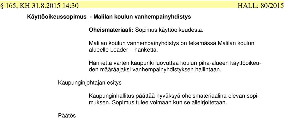 käyttöoikeudesta. Malilan koulun vanhempainyhdistys on tekemässä Malilan koulun alueelle Leader hanketta.