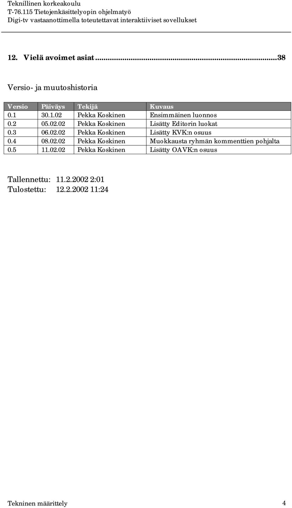 02.02 Pekka Koskinen Muokkausta ryhmän kommenttien pohjalta 0.5 11.02.02 Pekka Koskinen Lisätty OAVK:n osuus Tallennettu: 11.