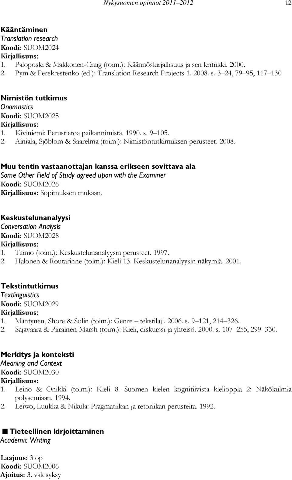 ): Nimistöntutkimuksen perusteet. 2008. Muu tentin vastaanottajan kanssa erikseen sovittava ala Some Other Field of Study agreed upon with the Examiner Koodi: SUOM2026 Sopimuksen mukaan.